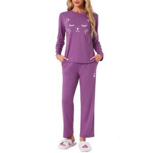 Pajamas Set Nightwear Lounge Cute Cat Long Sleeve Sleepwear Purple